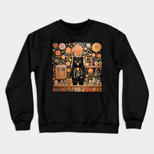 Surrealistic Folk Art Dark Floral Motif Bear Design Crewneck Sweatshirt